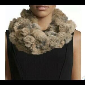 Vintage Adrienne Landau Rabbit fur neck scarf NWOT Brown Snood PomPom Infinity
